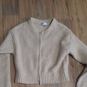 Madden Girl Neutral Beige Zip-Up Cropped Ribbed Cardigan